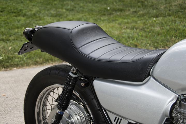 Closeup view of the Texavina seat installed on my 1981 CB750K. The design of the new seat matches the original lines of the motorcycle very nicely.